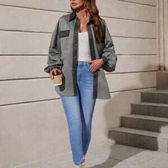 Grey Casual Womens Drop Shoulder Flap Pocket Contrast Trim Coat - Picture 5 of 5